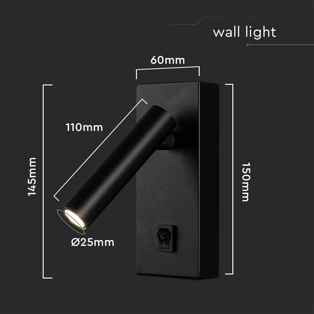 2W Lampa naścienna Spotlight LED / Barwa: 3000K / Obudowa: Czarna