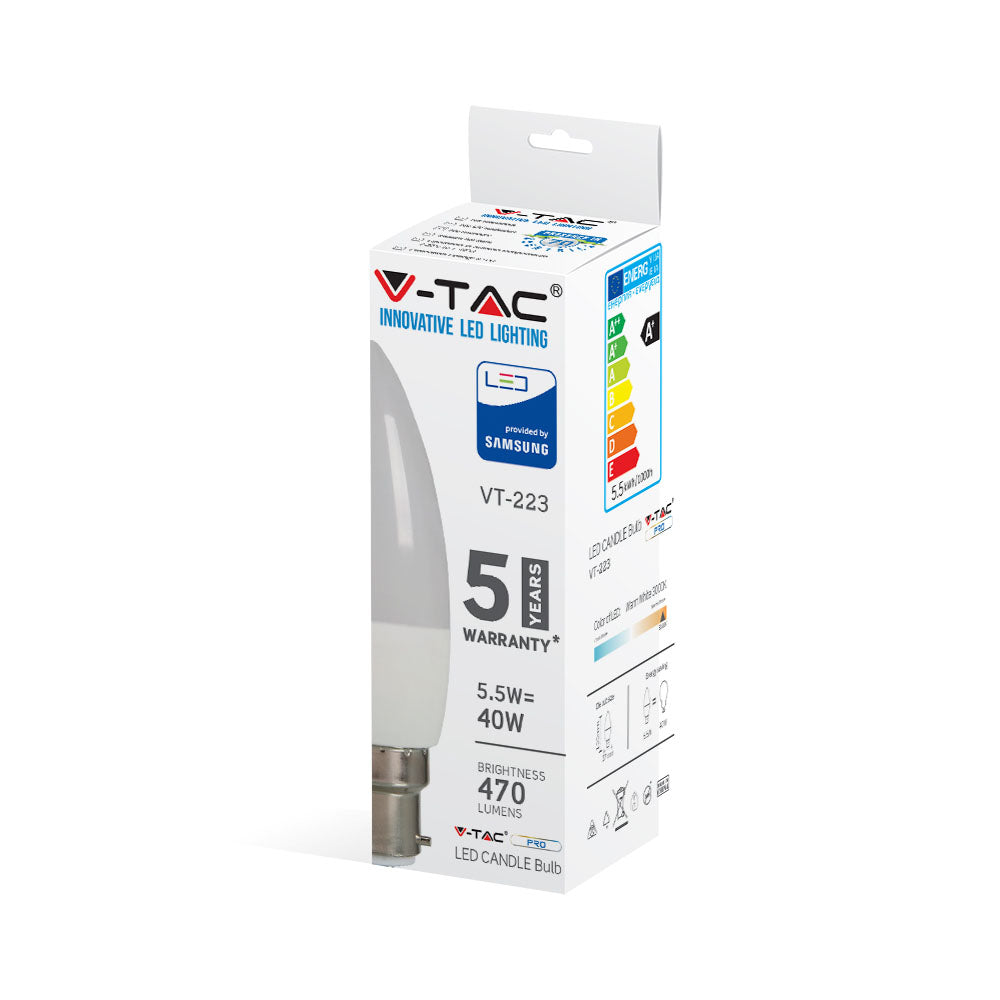5.5W C35 Żarówka LED / Chip SAMSUNG / Barwa:3000K / Trzonek:B22