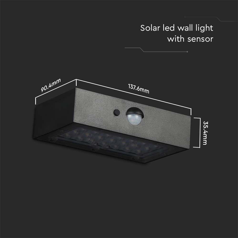3WLampa ścienna LED solarna 350LM / Bateria litowa 3.7v 1200mA / Barwa: 4000K+3000K / Kolor: Czarny