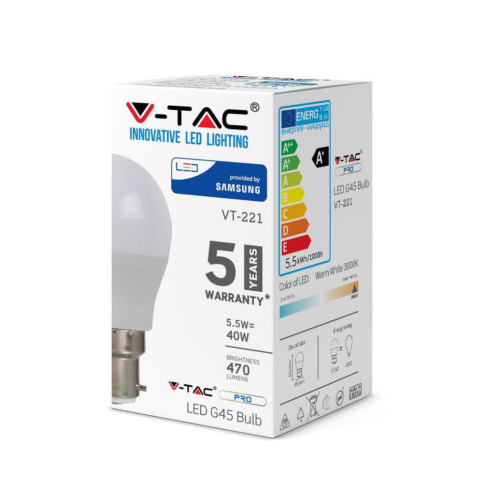 5.5W G45 Żarówka LED / Chip SAMSUNG / Barwa:3000K / Trzonek:B22