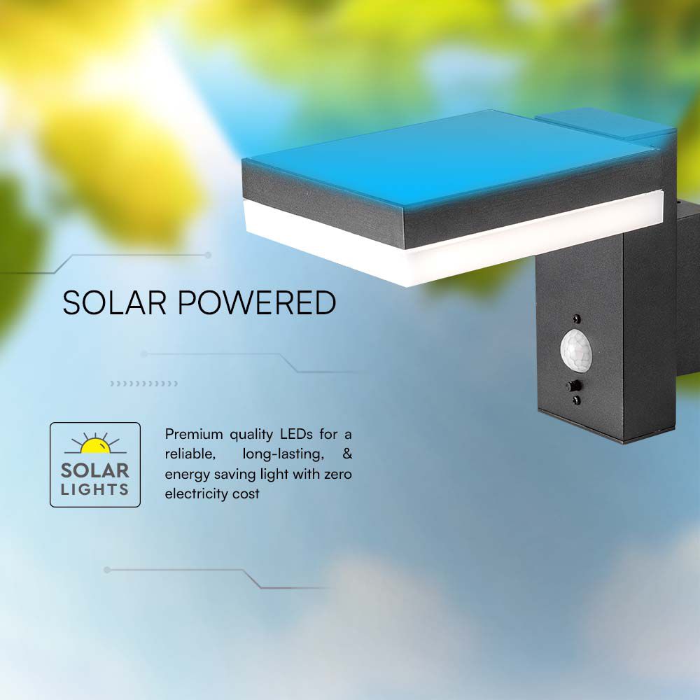 5.5W Lampa ścienna LED SMD solarna z czujnikiem PIR / Barwa: 3000K / Kształt: Kwadratowa