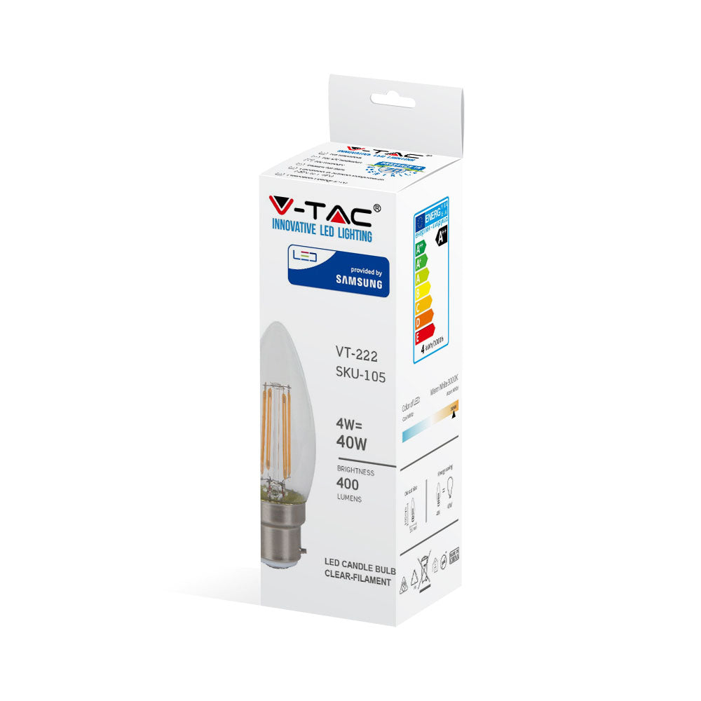 4W C35 Żarówka LED Filament / Klosz Transparentny / Chip SAMSUNG / Barwa:3000K / Trzonek:B22