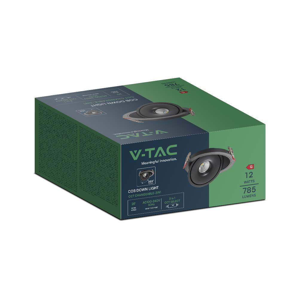 12W Oprawa COB Downlight LED / Barwa: 3w1 / Obudowa: Czarna