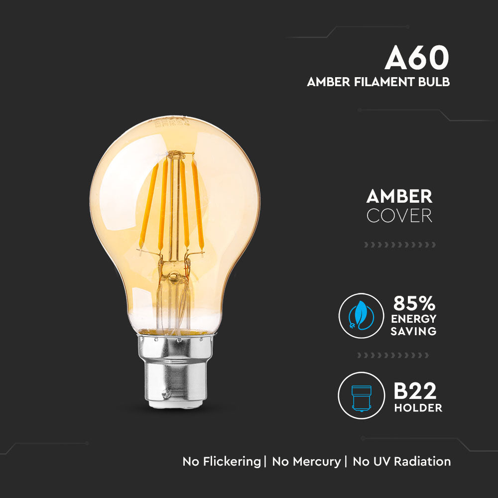 4W A60 Żarówka LED Filament / Klosz Bursztynowy / Chip SAMSUNG / Barwa:2200K / Trzonek:B22