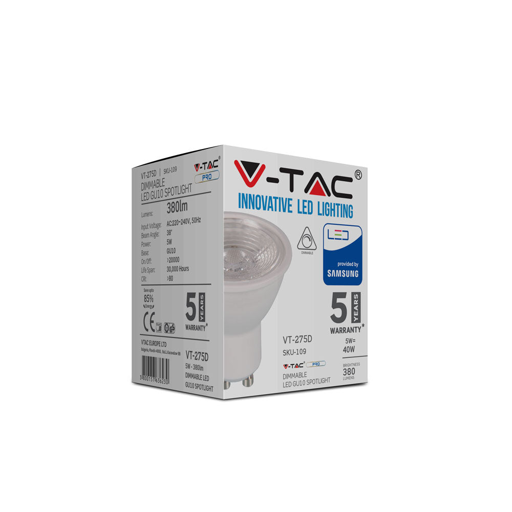 5W GU10 Żarówka LED / Chip SAMSUNG / Barwa:3000K / Trzonek:GU10 / Ściemniana