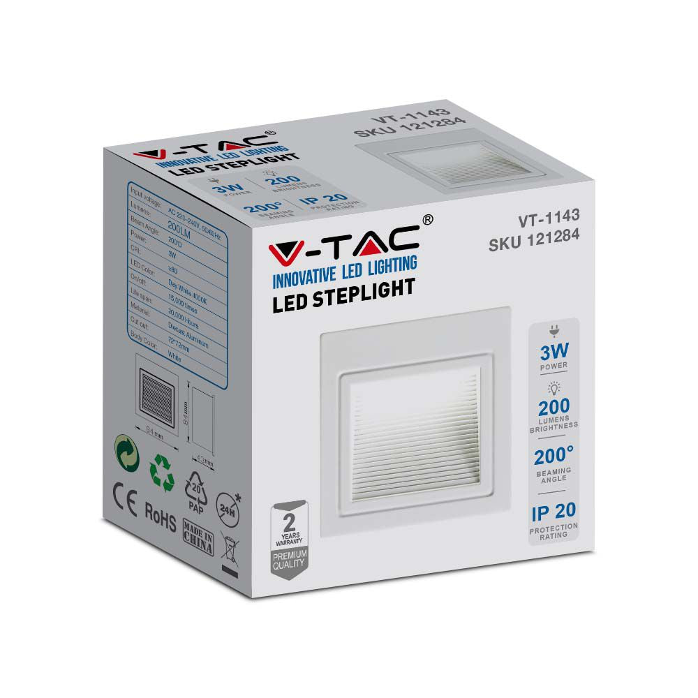 3W Oprawa Schodowa LED / Barwa:4000K / Obudowa: Biała / Kwadrat