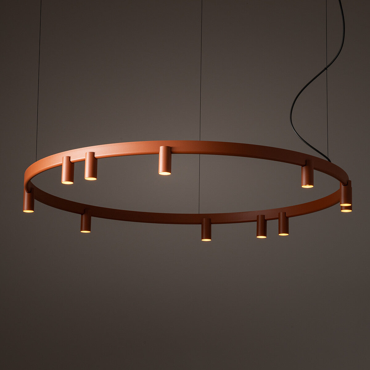 Nowodvorski Lampa wisząca FOURTY  ROUND LED GU10 R35: 11 x max 10W only LED; LED: 9W 220-230 50/60 - Aluminium lakierowane - Terakota 12420 - lampa włączona