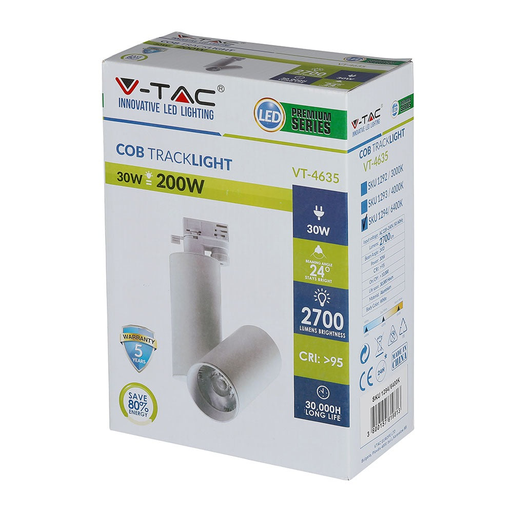 30W Lampa LED na szynoprzewód / Barwa:6400K / Obudowa: Biała / 5 Lat gwarancji