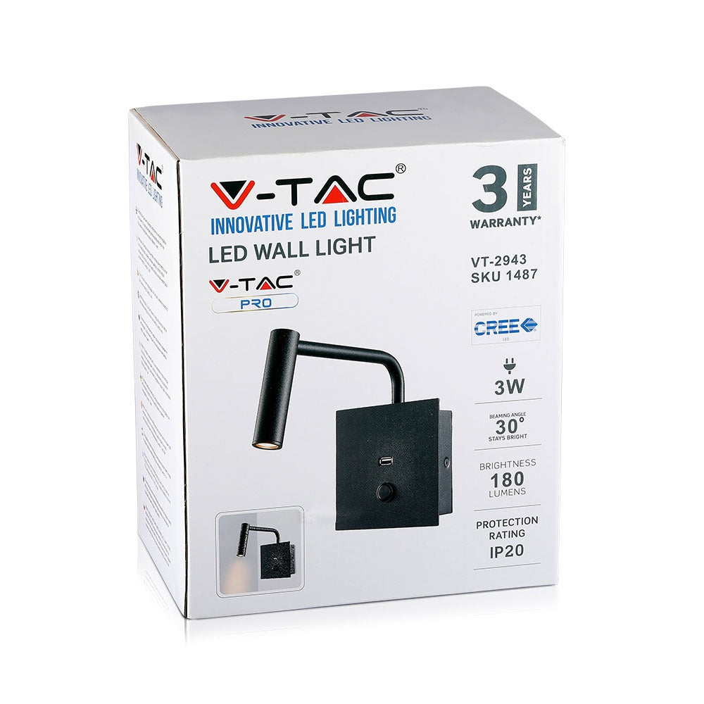 3W Kinkiet hotelowy LED z włącznikiem i gniazdem USB / Barwa:3000K / Czarny