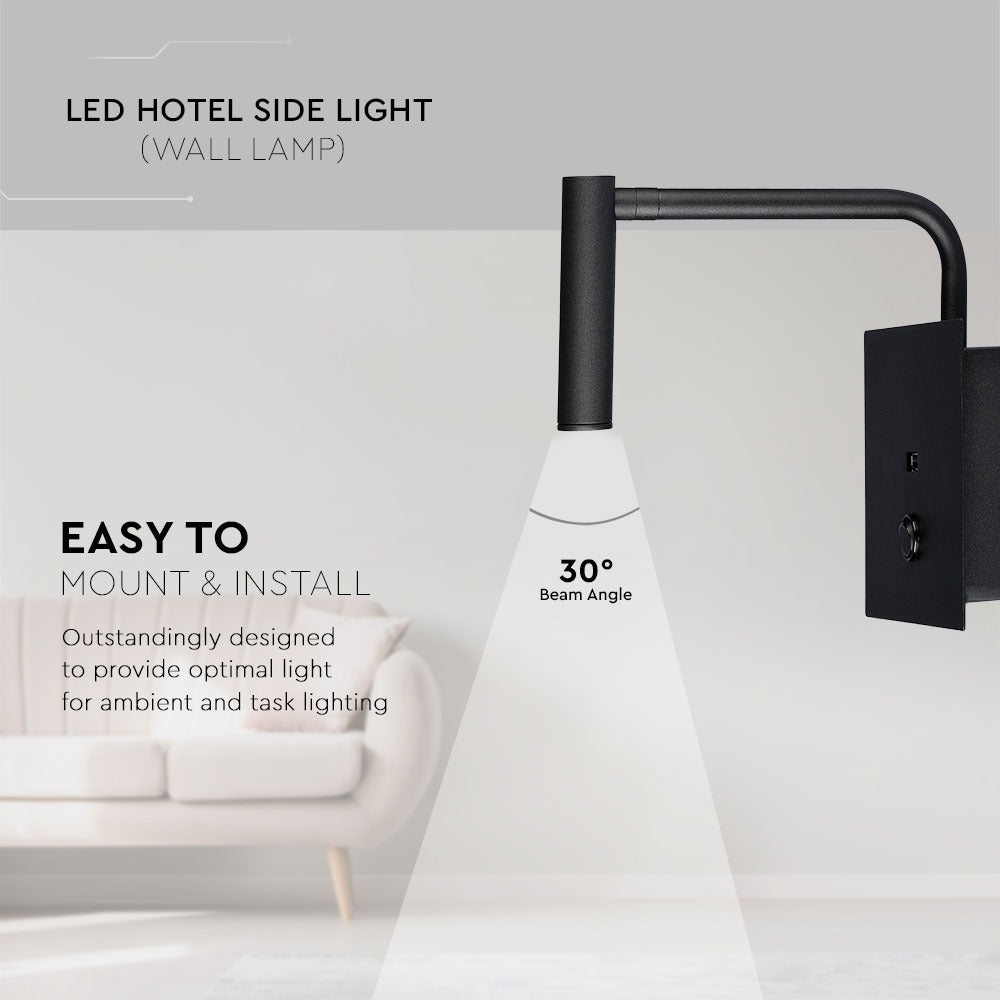 3W Kinkiet hotelowy LED z włącznikiem i gniazdem USB / Barwa:3000K / Czarny