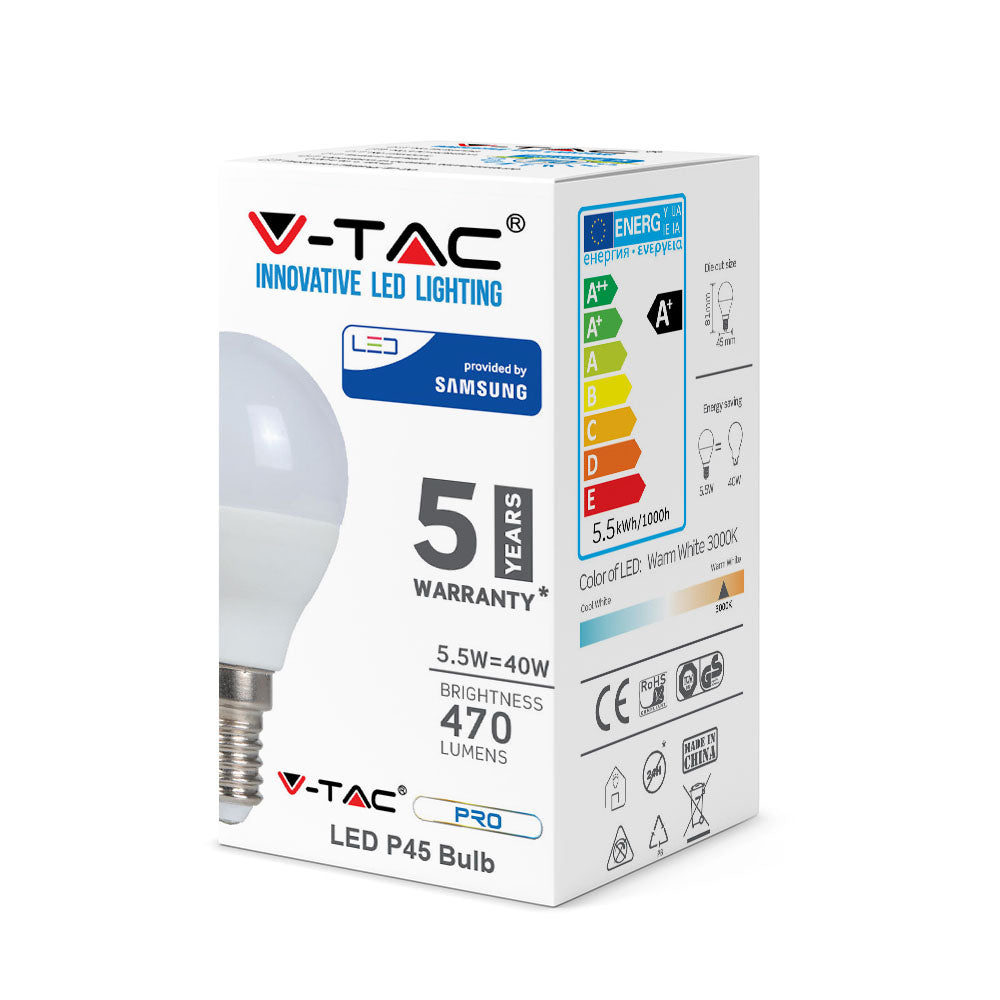 5.5W P45 Żarówka LED / Chip SAMSUNG / Barwa:6400K / Trzonek:E14