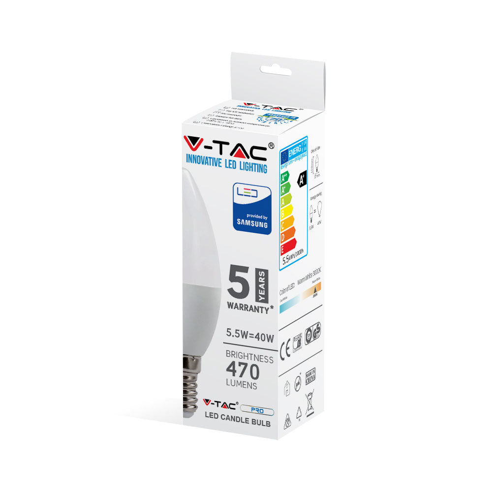 5.5W C37 Żarówka LED / Chip SAMSUNG / Barwa:3000K / Trzonek:E14