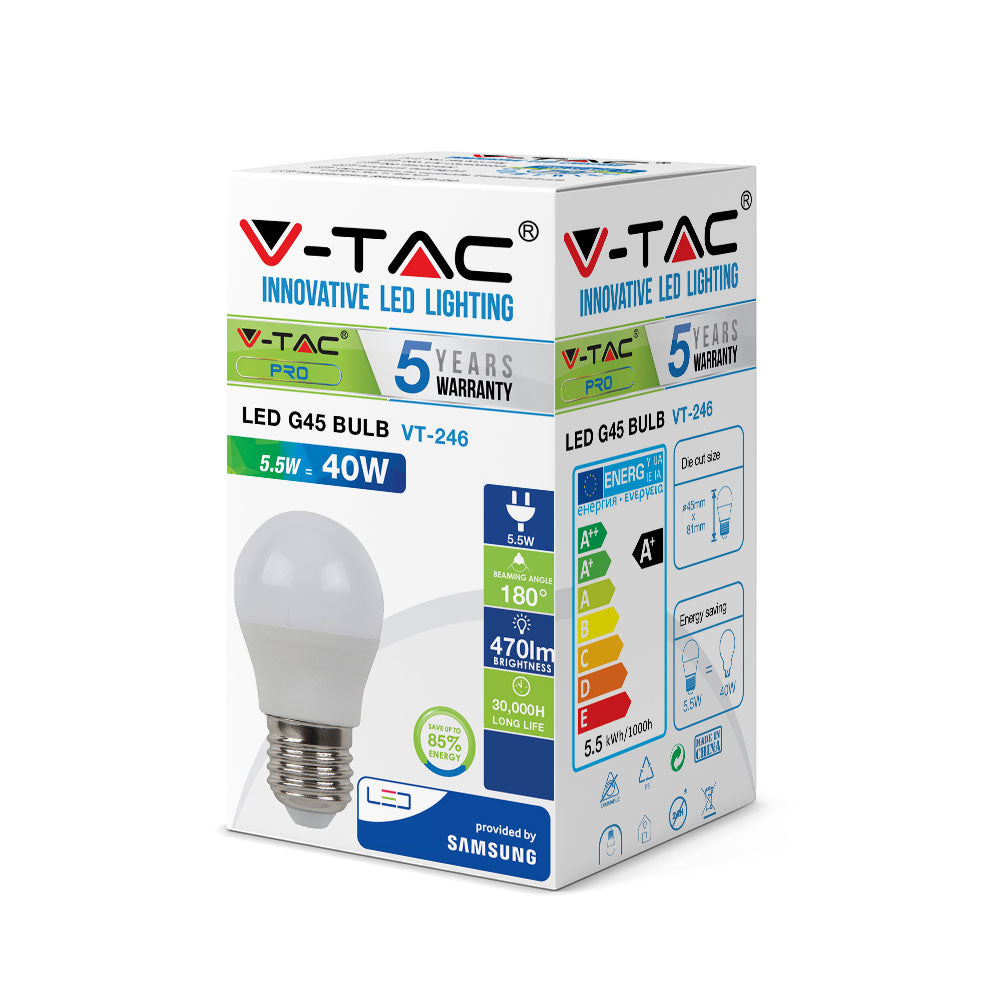 5.5W G45 Żarówka LED / Chip SAMSUNG / Barwa:3000K / Trzonek:E27