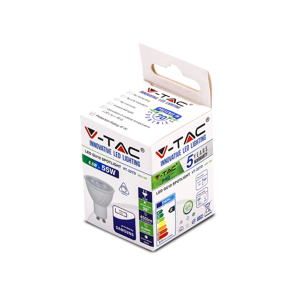 6.5W GU10 Żarówka LED / Chip SAMSUNG / Barwa:6400K / Kąt 38' / Ściemniana / Trzonek:GU10