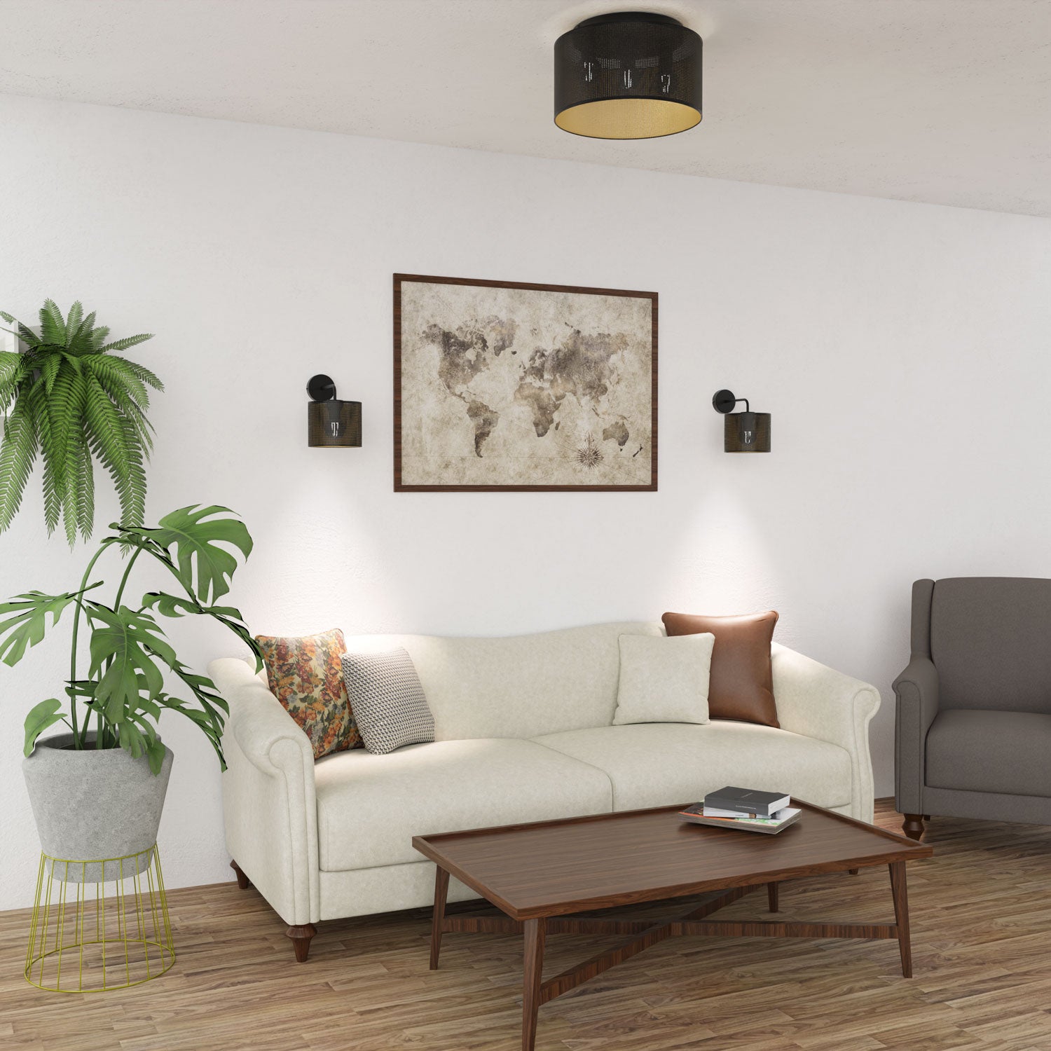 plafon Loft shade black, cylinder shade dia 400 h 200 black/gold 3xE27