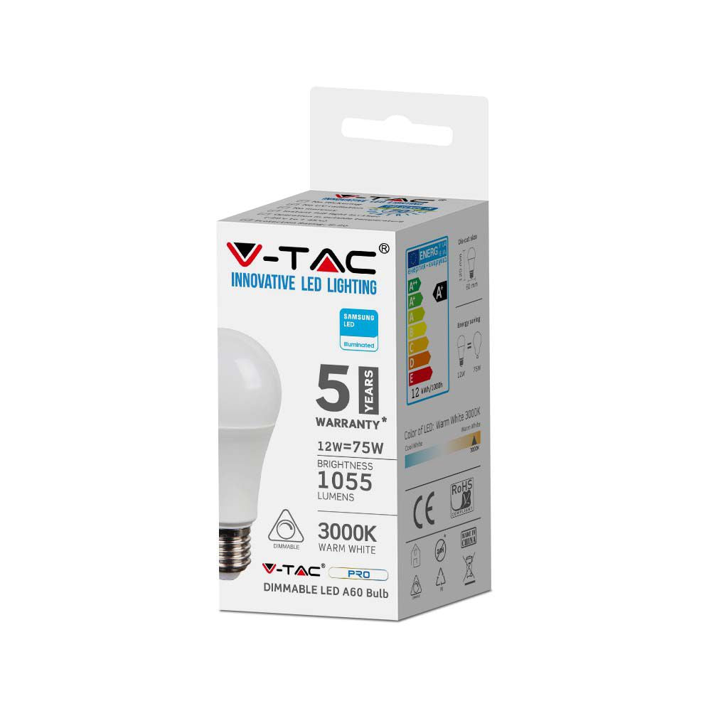 12W Żarówka LED A60 / Chip SAMSUNG / Barwa:3000K / Trzonek:E27 / Ściemniana