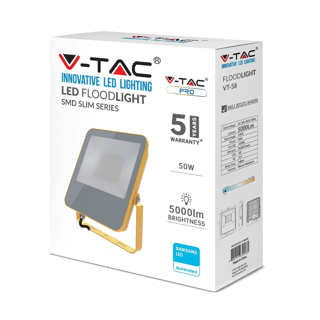 50W Naświetlacz LED SMD / Chip Samsung / Barwa:6400K / Obudowa: Żółty / Skuteczność 100lm/W / Wtyczka BG