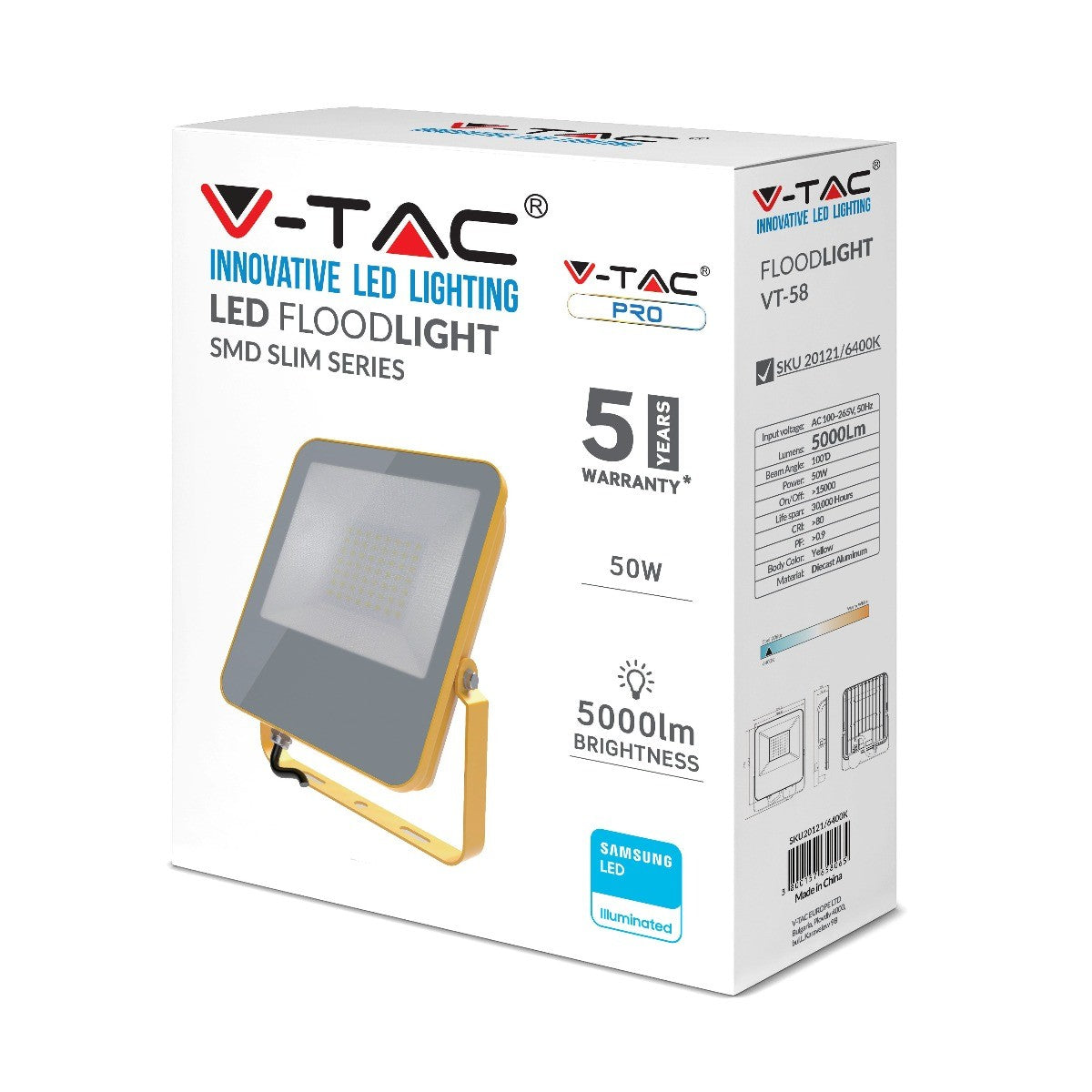 50W Naświetlacz LED SMD / Chip Samsung / Barwa:6400K / Obudowa: Żółty / Skuteczność 100lm/W / Wtyczka BG