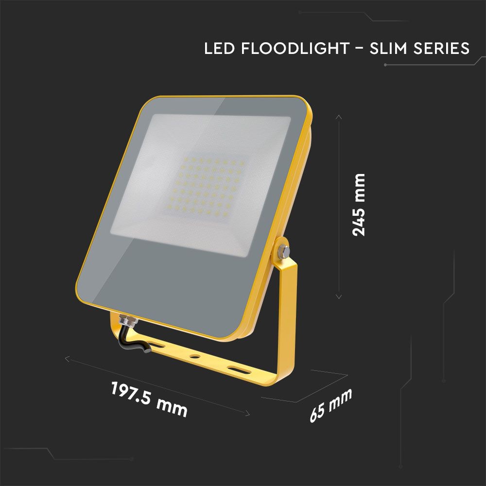 50W Naświetlacz LED SMD / Chip Samsung / Barwa:6400K / Obudowa: Żółty / Skuteczność 100lm/W / Wtyczka BG