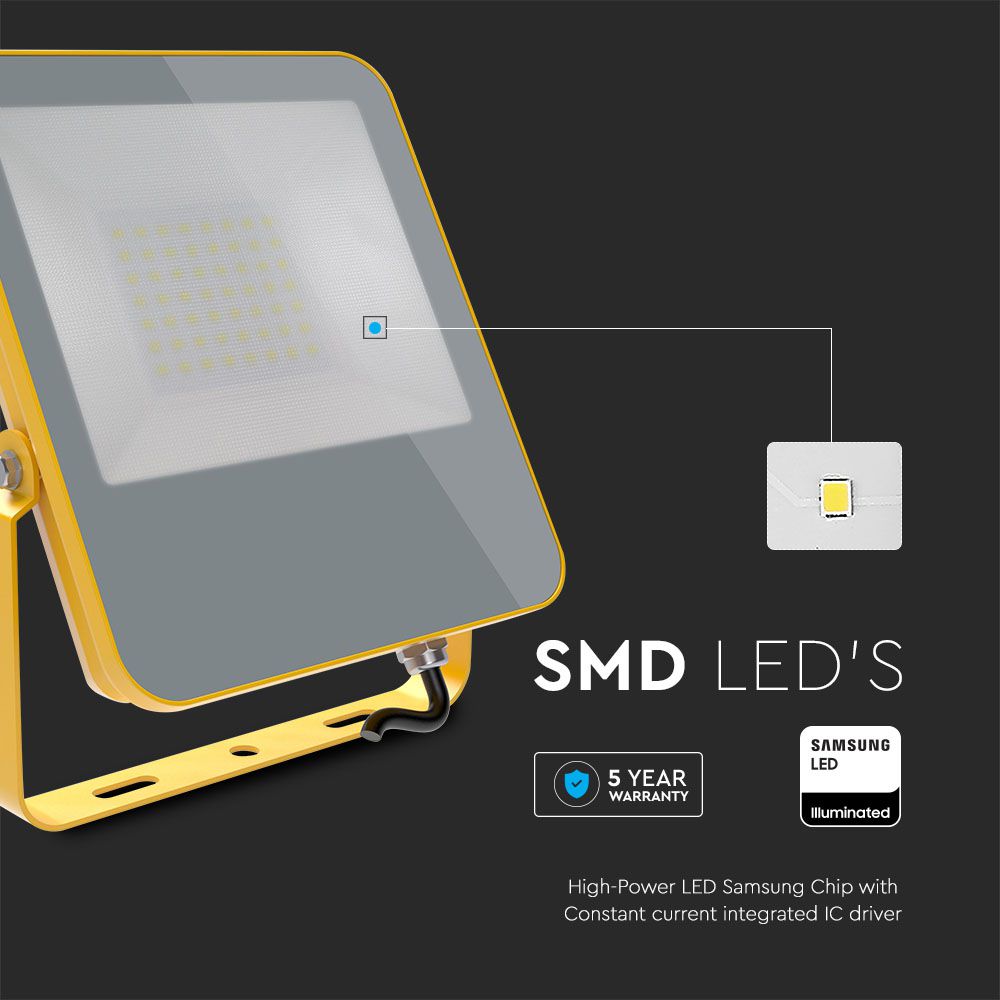 50W Naświetlacz LED SMD / Chip Samsung / Barwa:6400K / Obudowa: Żółty / Skuteczność 100lm/W / Wtyczka BG