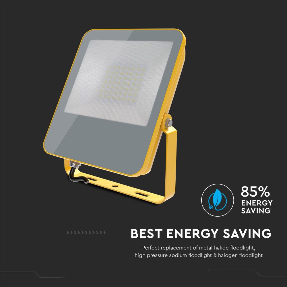 50W Naświetlacz LED SMD / Chip Samsung / Barwa:6400K / Obudowa: Żółty / Skuteczność 100lm/W / Wtyczka BG
