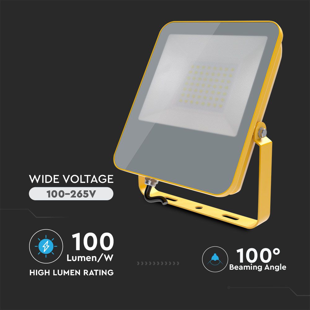 50W Naświetlacz LED SMD / Chip Samsung / Barwa:6400K / Obudowa: Żółty / Skuteczność 100lm/W / Wtyczka BG