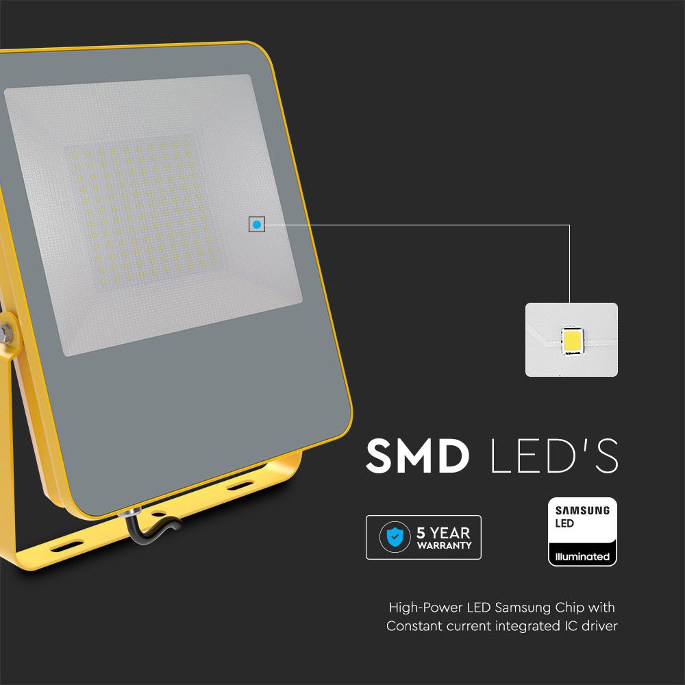 100W Naświetlacz LED SMD / Chip Samsung / Barwa:6400K / Obudowa: Żółty / Skuteczność 100lm/W / Wtyczka BG