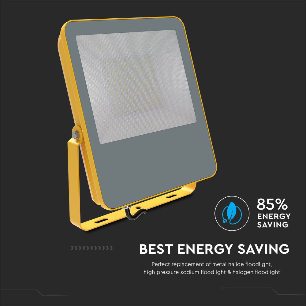 100W Naświetlacz LED SMD / Chip Samsung / Barwa:6400K / Obudowa: Żółty / Skuteczność 100lm/W / Wtyczka BG
