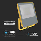100W Naświetlacz LED SMD / Chip Samsung / Barwa:6400K / Obudowa: Żółty / Skuteczność 100lm/W / Wtyczka BG