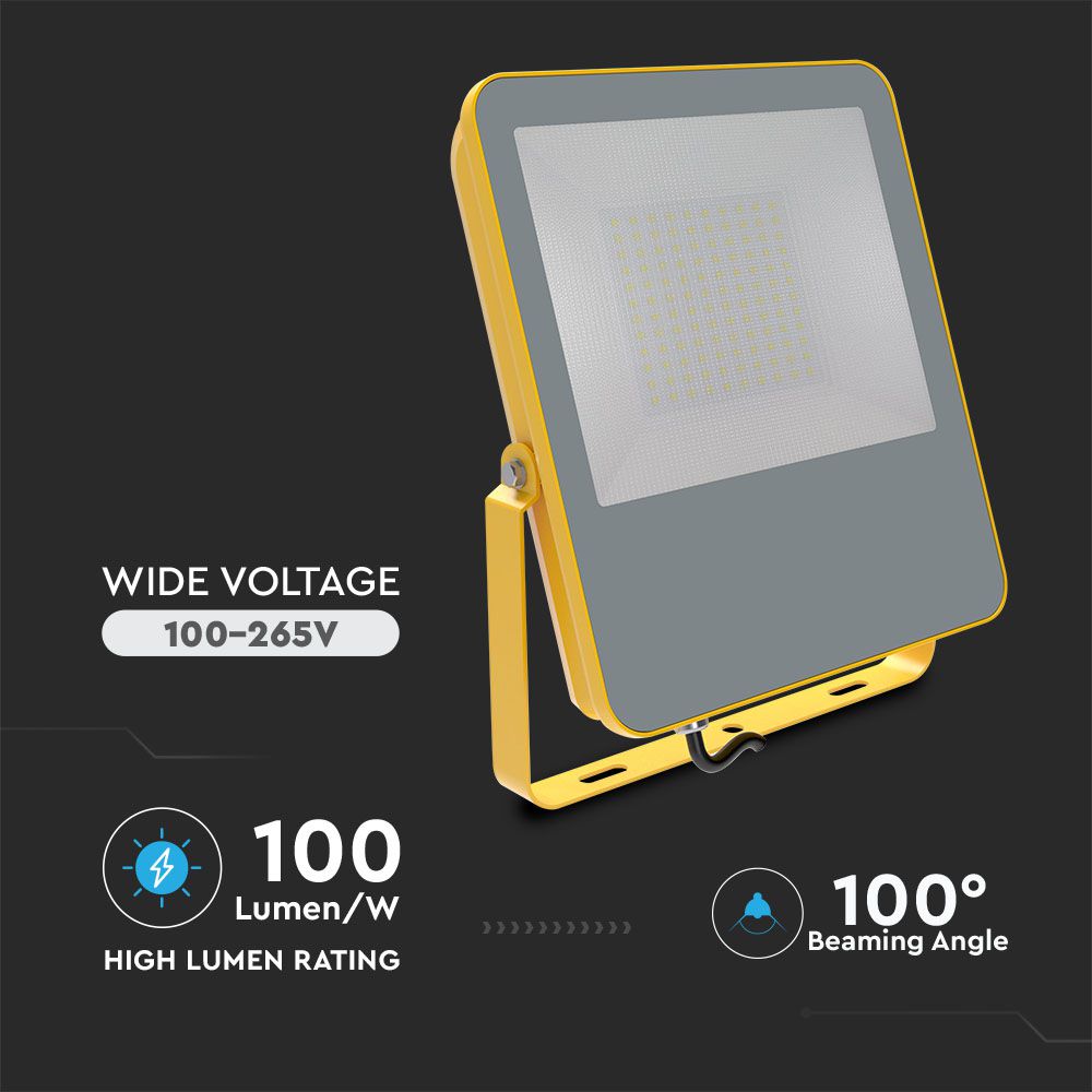 100W Naświetlacz LED SMD / Chip Samsung / Barwa:6400K / Obudowa: Żółty / Skuteczność 100lm/W / Wtyczka BG