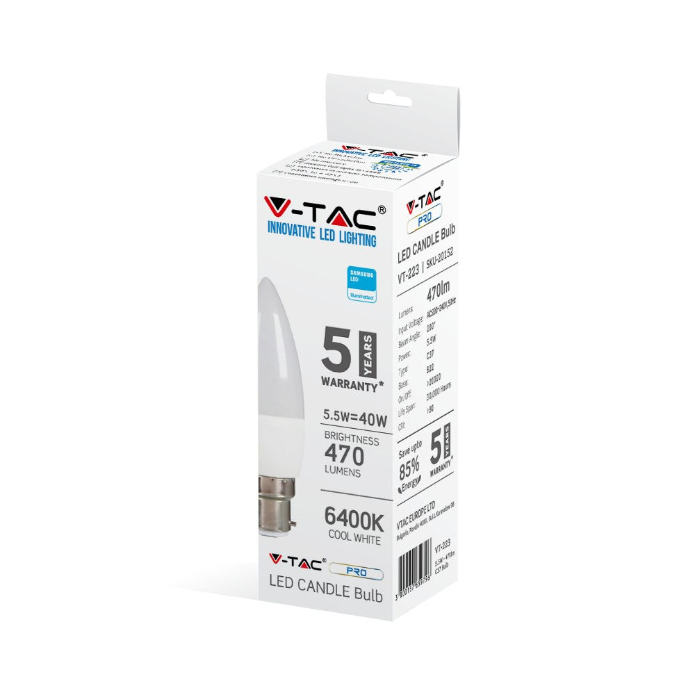 5.5W C35 Żarówka LED / Chip SAMSUNG / Barwa:6400K / Trzonek:B22