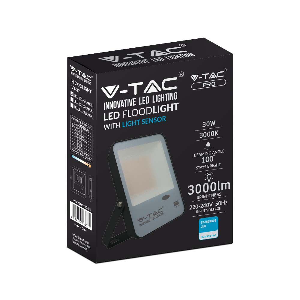 30W Naświetlacz LED SMD z czujnikiem zmierzchu / Chip SAMSUNG / Barwa:4000K / Obudowa: Czarna/ Skuteczność 100lm