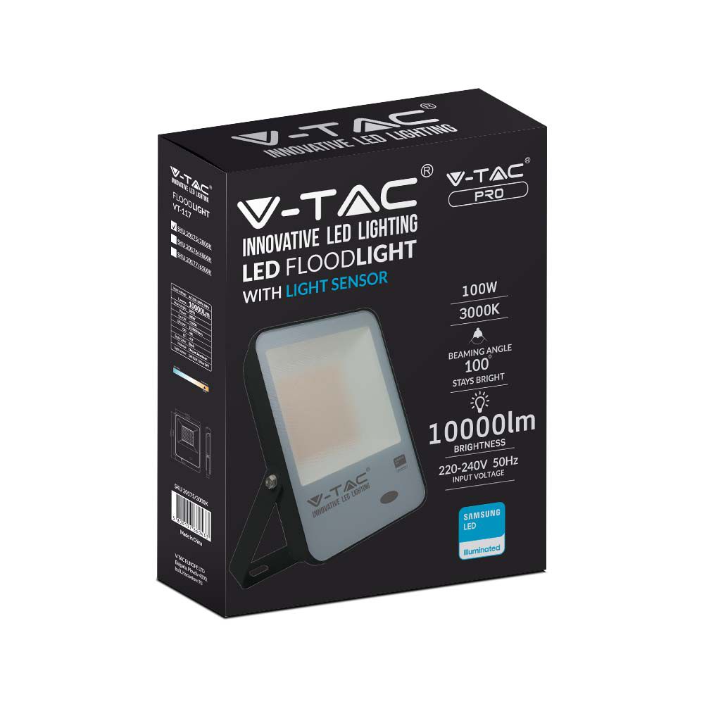 100W Naświetlacz LED SMD z czujnikiem zmierzchu / Chip SAMSUNG / Barwa:6400K / Obudowa: Czarna/ Skuteczność 100lm