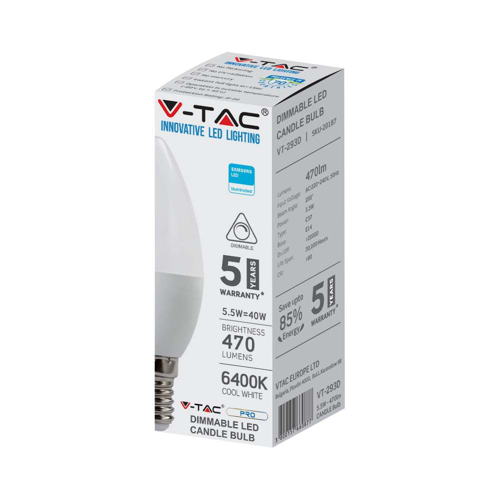 5.5W Żarówka LED C35 / Chip SAMSUNG / Barwa:4000K / Trzonek:E14 / Ściemniana
