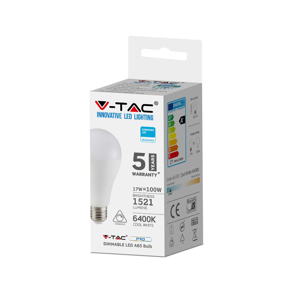 17W Żarówka LED A65 / Chip SAMSUNG / Barwa:6400K / Trzonek:E27 / Ściemniana