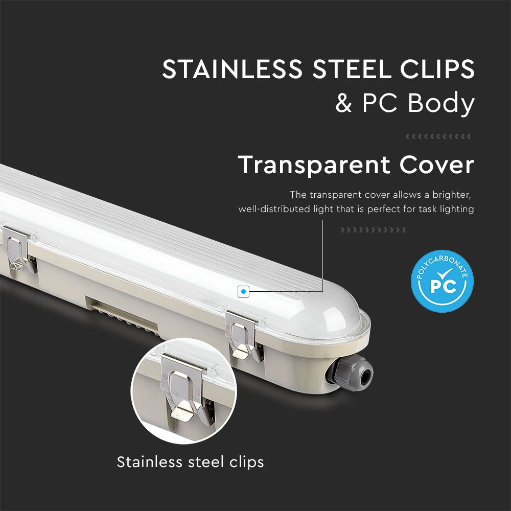 48W Lampa hermetyczna 150cm / Chip Samsung / Klosz Transparentny / Klipsy: stal nierdzewny / Barwa:6400K
