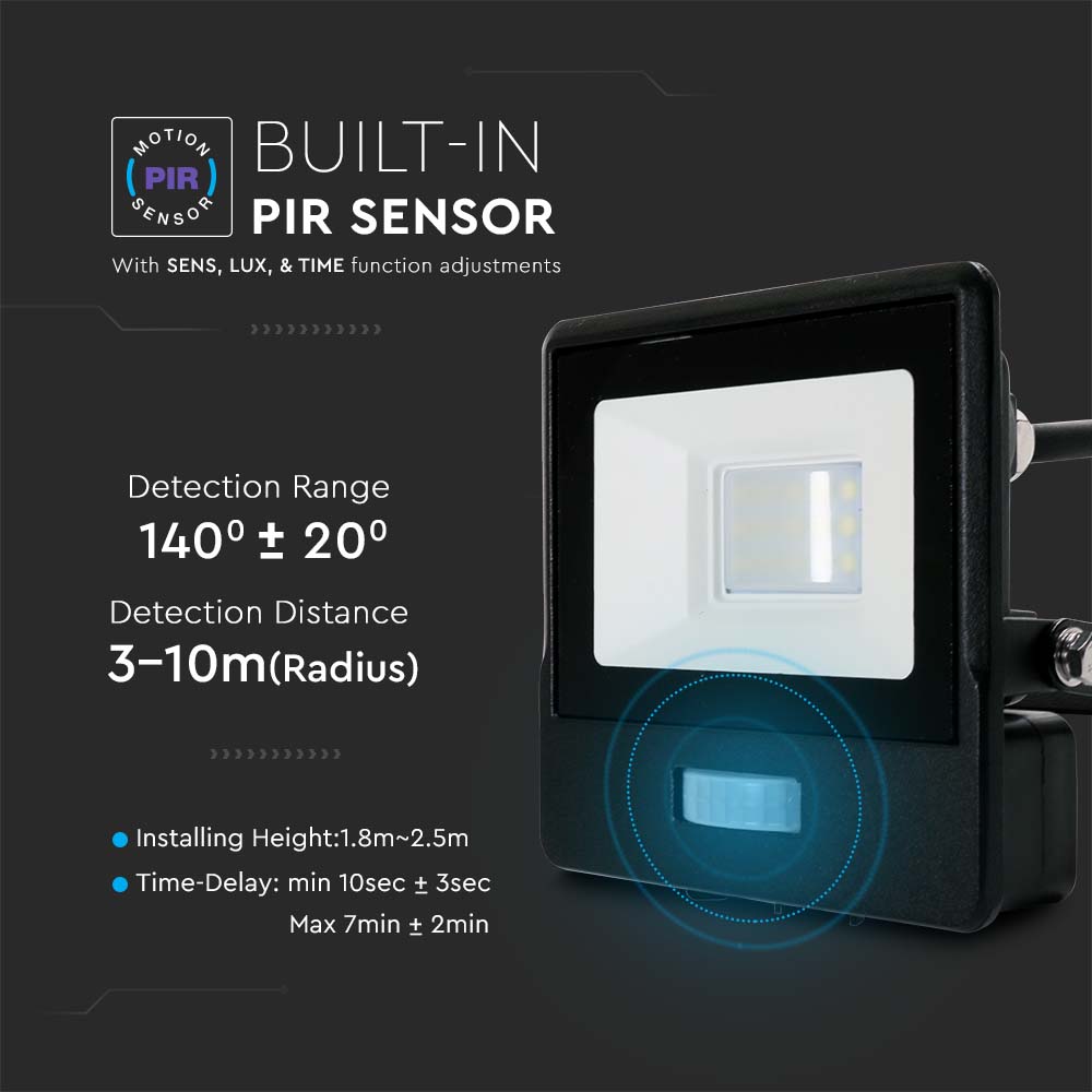 10W Naświetlacz LED SMD z czujnikiem ruchu / Chip SAMSUNG / Przewód: 1m / Barwa:6500K / Obudowa: Czarna