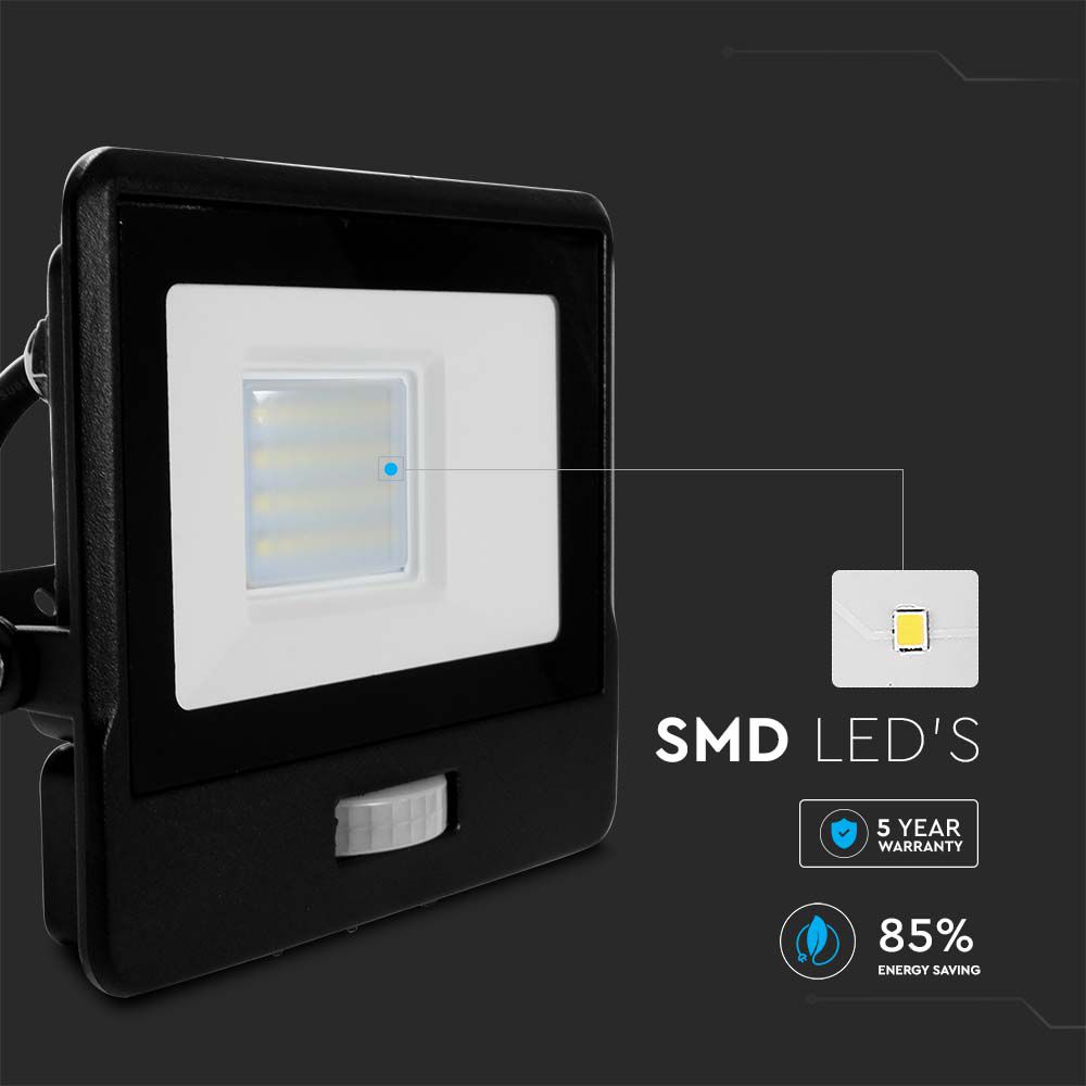 20W Naświetlacz LED SMD z czujnikiem ruchu / Chip SAMSUNG / Przewód: 1m / Barwa:3000K / Obudowa: Czarna