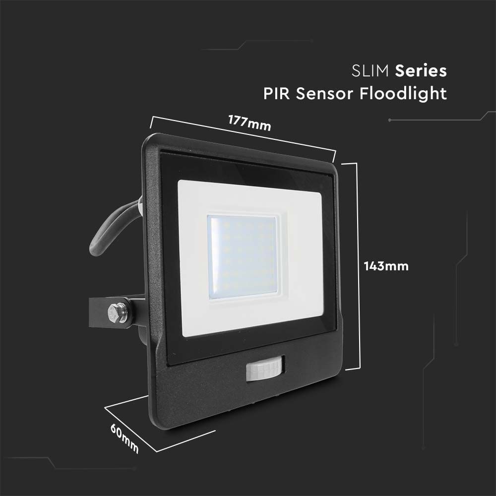 30W Naświetlacz LED SMD z czujnikiem ruchu / Chip SAMSUNG / Przewód: 1m / Barwa:4000K / Obudowa: Czarna