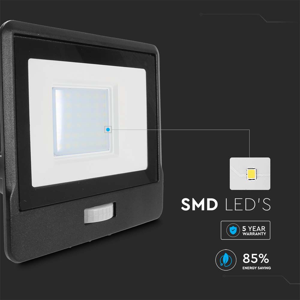 30W Naświetlacz LED SMD z czujnikiem ruchu / Chip SAMSUNG / Przewód: 1m / Barwa:4000K / Obudowa: Czarna