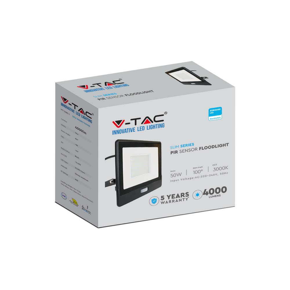 50W Naświetlacz LED SMD z czujnikiem ruchu / Chip SAMSUNG / Przewód: 1m / Barwa:3000K / Obudowa: Czarna