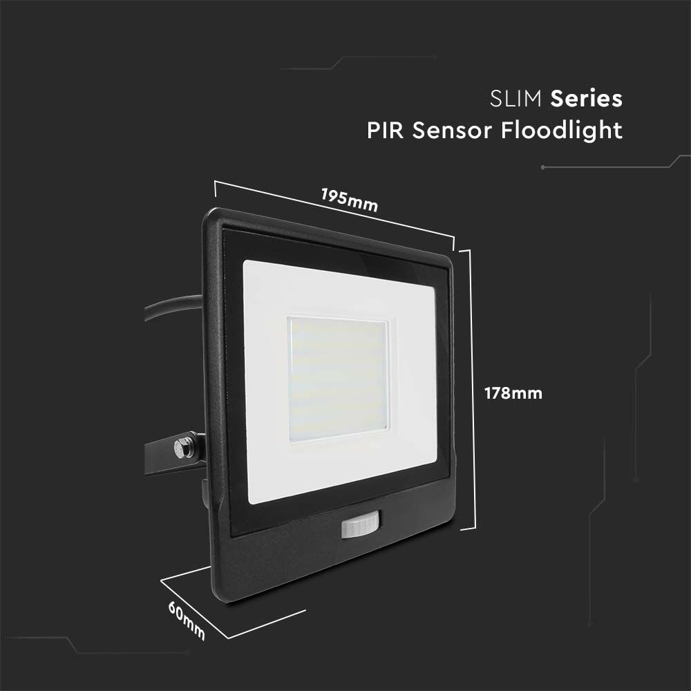 50W Naświetlacz LED SMD z czujnikiem ruchu / Chip SAMSUNG / Przewód: 1m / Barwa:6500K / Obudowa: Czarna