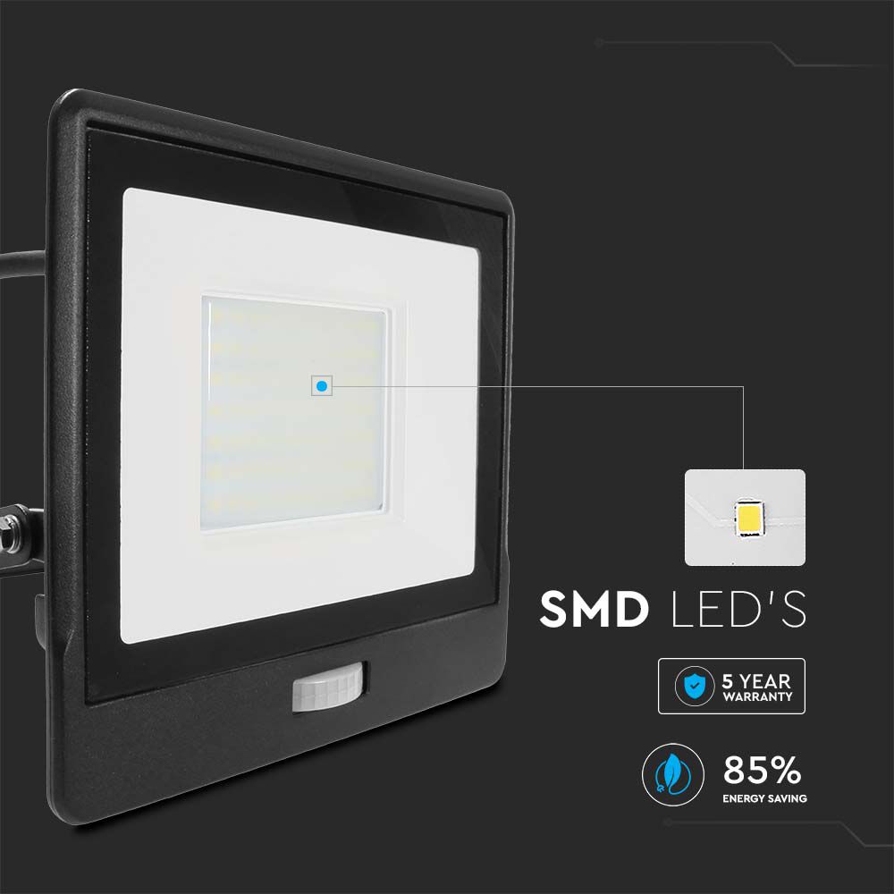 50W Naświetlacz LED SMD z czujnikiem ruchu / Chip SAMSUNG / Przewód: 1m / Barwa:6500K / Obudowa: Czarna