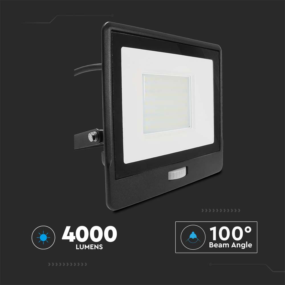50W Naświetlacz LED SMD z czujnikiem ruchu / Chip SAMSUNG / Przewód: 1m / Barwa:4000K / Obudowa: Czarna
