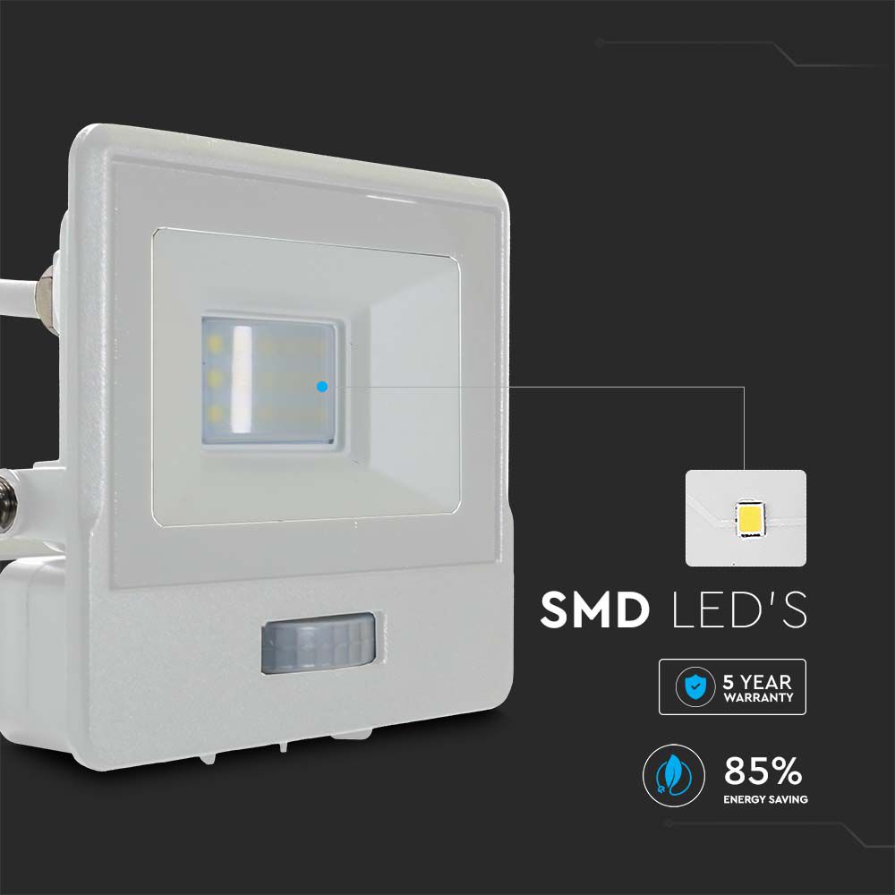 10W Naświetlacz LED SMD z czujnikiem ruchu / Chip SAMSUNG / Przewód: 1m / Barwa:3000K / Obudowa: Biała