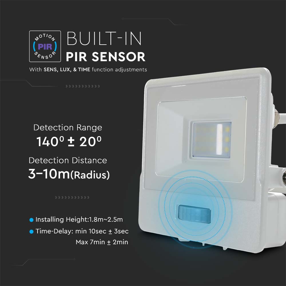 10W Naświetlacz LED SMD z czujnikiem ruchu / Chip SAMSUNG / Przewód: 1m / Barwa:4000K / Obudowa: Biała