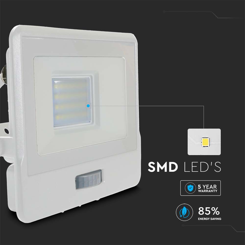 20W Naświetlacz LED SMD z czujnikiem ruchu / Chip SAMSUNG / Przewód: 1m / Barwa:6500K / Obudowa: Biała