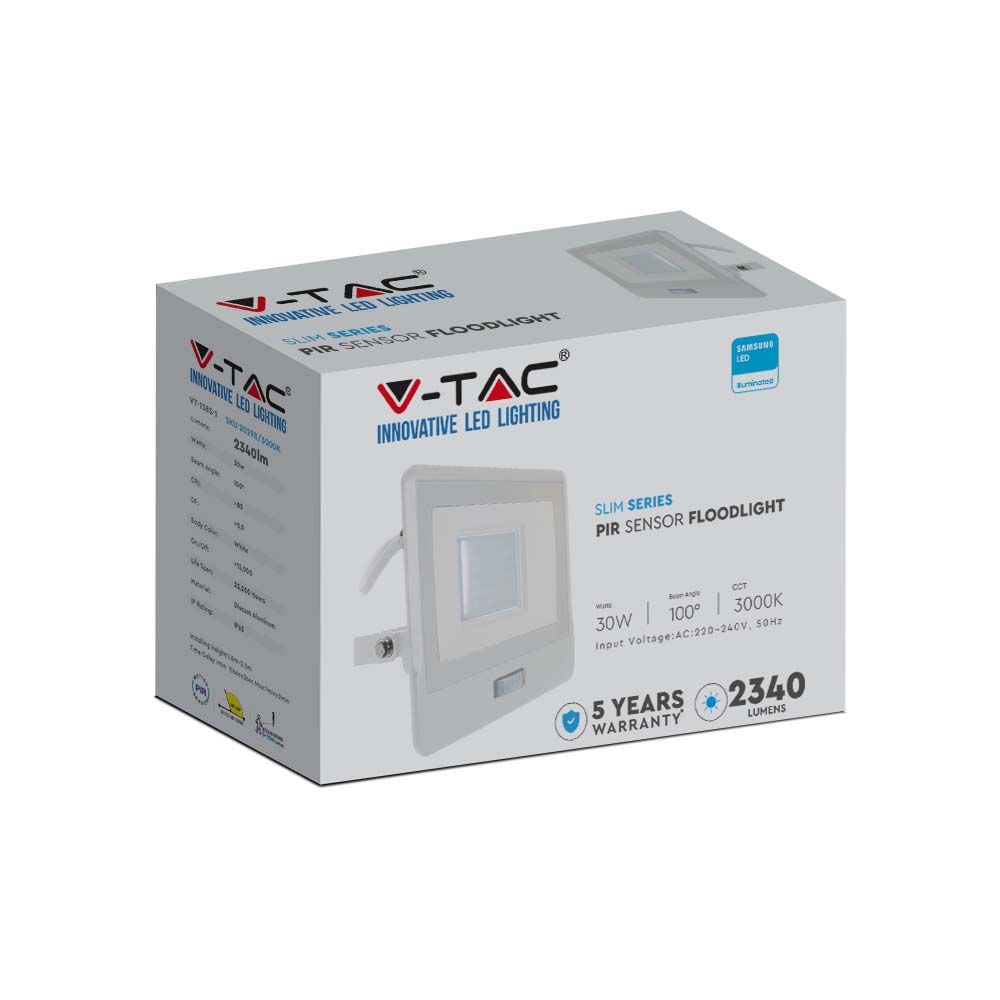 30W Naświetlacz LED SMD z czujnikiem ruchu / Chip SAMSUNG / Przewód: 1m / Barwa:6500K / Obudowa: Biała