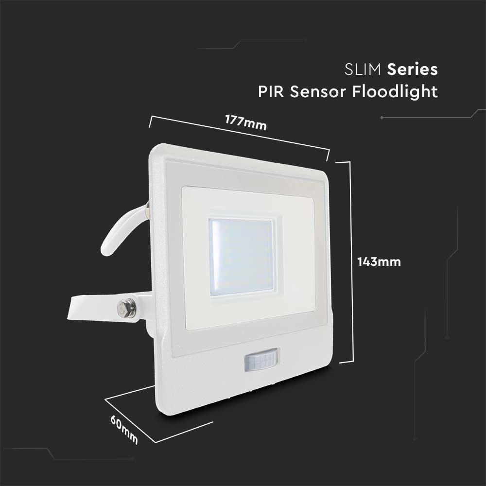 30W Naświetlacz LED SMD z czujnikiem ruchu / Chip SAMSUNG / Przewód: 1m / Barwa:4000K / Obudowa: Biała
