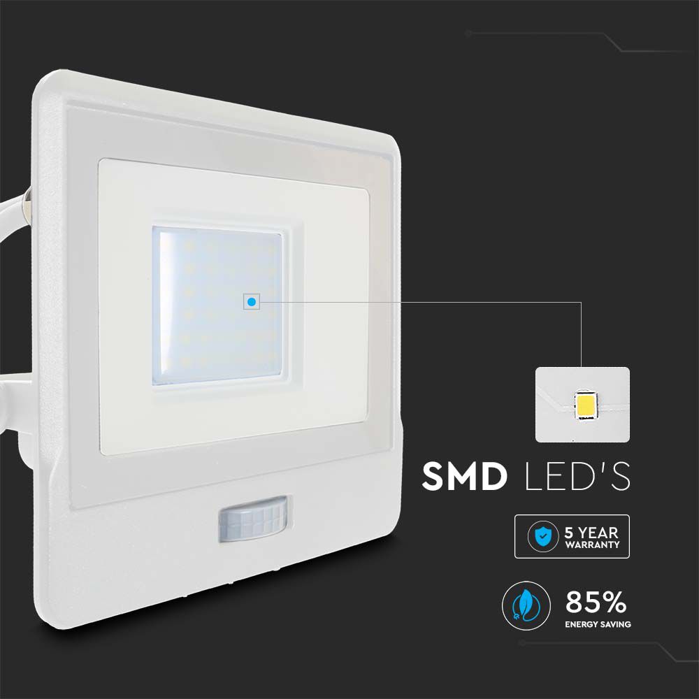30W Naświetlacz LED SMD z czujnikiem ruchu / Chip SAMSUNG / Przewód: 1m / Barwa:4000K / Obudowa: Biała